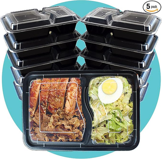 Triplast 5 x Meal Prep Containers (2 Compartment, 32oz) - Microwave, Freezer & Dishwasher Safe – BPA Free, Reusable, Leakproof & Stackable Food Storage Bento Lunch Boxes for Home, Office & School Use by Triplast