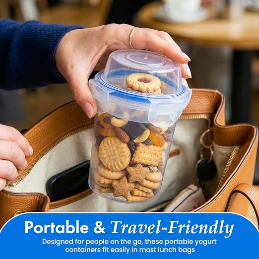 480ml Airtight Cereal Storage Container with Separate Topping Cup Leak-Resistant Clip-Lock Lid Stackable Snack & Yogurt Cup for On-the-Go Breakfast Travel School Office & Daily Use, Set of 4 - Image 7