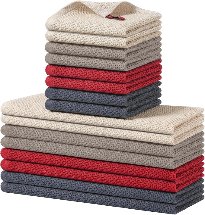 Homaxy 16 Pack 100% Cotton Kitchen Towels and Dishcloths Set, Mixed Color | 12 x 12 Inches and 13 x 28 Inches Kitchen Towels Set, Ultra Soft Absorbent Dish Cloths for Washing Dishes by Homaxy