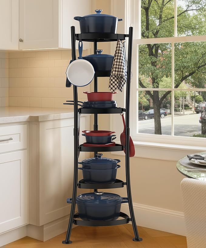 KES 264 Lbs Capacity Freestanding Pot Rack, 6-Tier Cast Iron Cookware Stand with 6 Hooks, Pots and Pans Storage Tower for Kitchen, Stable Base, Anti-tip Strap & Floor Protectors Black, KUR531S6-BK by KES