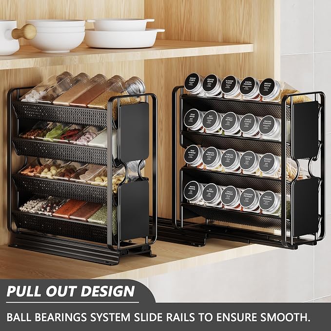 Spice Rack Organizer Drawer Cabinet: Pull Out Spice Seasoning Organization with 20 Jars - Facing Left or Right with Labels and Chalk Maker 4 Tier Slide Out Kitchen Storage for Countertop Wall Mount - Image 3