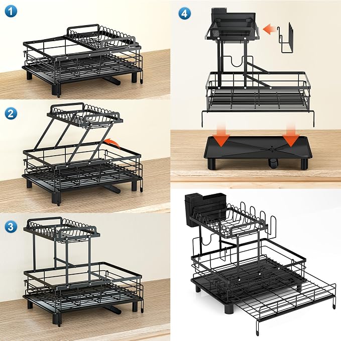 2 Tier Dish Drying Rack - Expandable Dish Rack Over Sink, 304 Stainless Steel Dish Rack for Kitchen Counter, Dish Drainer w Utensil Holder, Drainboard & Cups Holder, Anti-Rust & Space Saving - Image 5