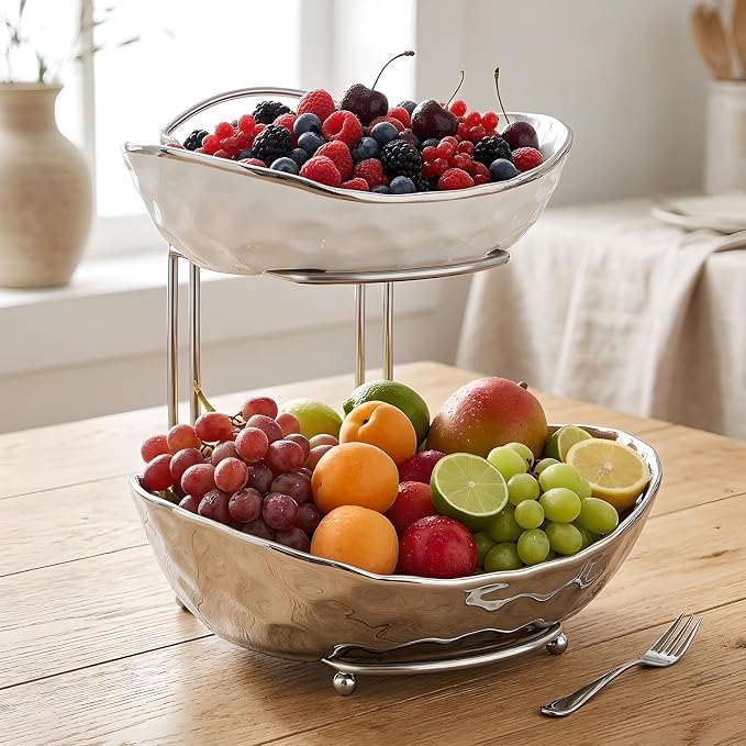 XUDREZ 2 Tier/ 3 Tier Fruit Bowl with Metal Stand for Kitchen Counter, Ceramic Gold Silver White, Portable Tiered Fruit Basket Fruit Rack for Nuts, Snacks, Bread, Candy Storage (Silver B, 2 Tier) - Image 4