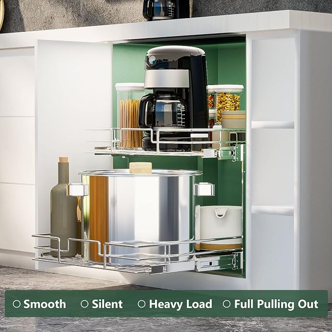 LOVMOR 2 Tier Individual Pull Out Cabinet Organizer 10½" W x 21½" D, Slide Out Kitchen Cabinet Storage Sliding Shelves - Image 2