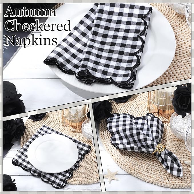 SmoothNovelty 6 Pack Buffalo Plaid Cloth Napkins 18x18 Inch Checkered Cloth Napkins Scalloped Soft Cotton Table Mat Washable Reusable for Dinner Wedding Holiday Birthday Parties (Classic,Black) - Image 3