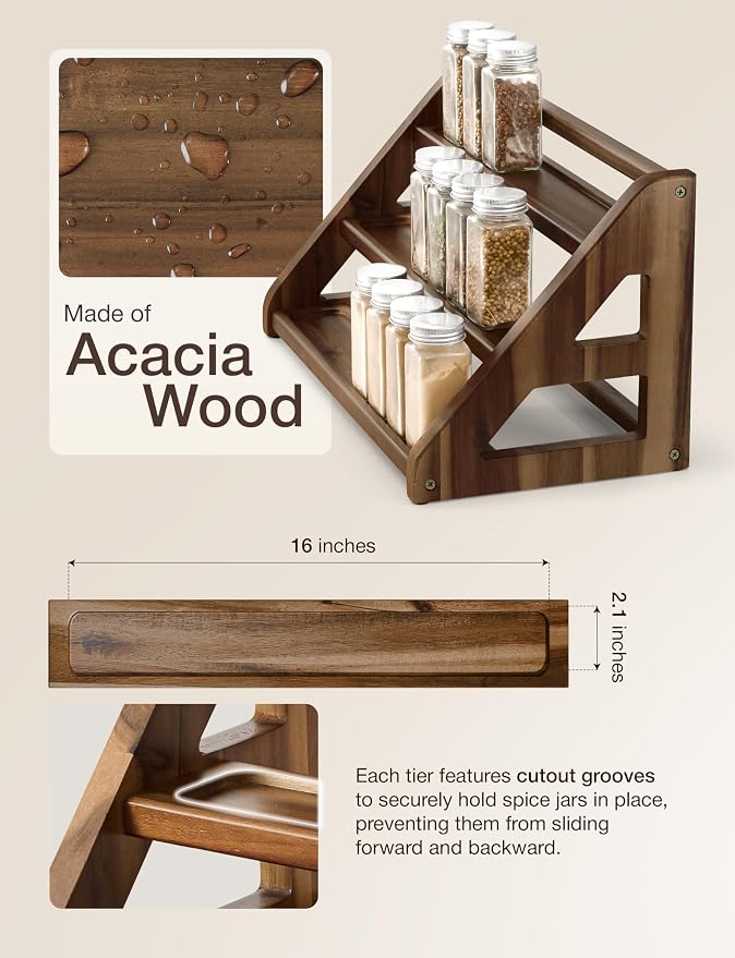Tinamo Acacia Wood Spice Rack, 3-Tier Spice Rack Organizer for Countertop | Solid Acacia Wood, 3-tier Spacious Design for 24 Spice Jars, Cutout Grooves for Secure Storage, Easy Assembly, Walnut Finish - Image 3