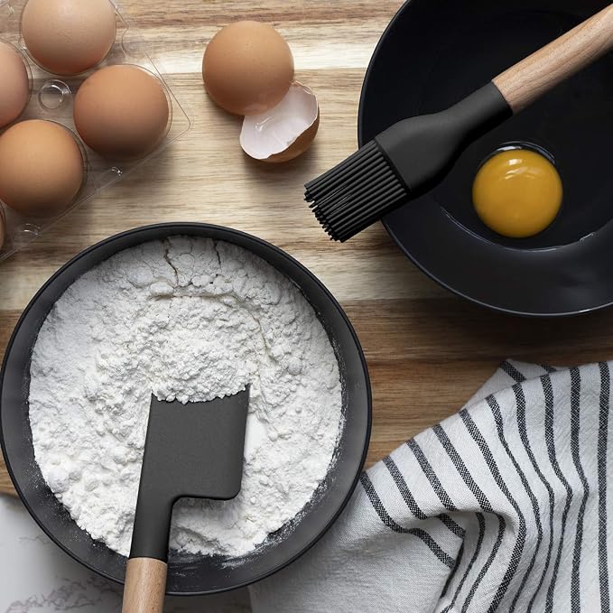 Country Kitchen Non Stick Silicone Utensil Set with Rounded Wood Handles for Cooking and Baking, 6 Piece Set, Black | Rounded Wood Handles, For Cooking and Baking - Image 6