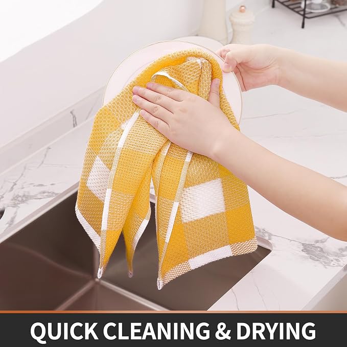 Homaxy Kitchen Towels and Dishcloths Set, Set of 12, White & Golden Yellow | Bulk Cotton Waffle Weave Check Plaid Kitchen Towels, Super Soft and Absorbent Dish Cloths, 12 x 12 and 13 x 28 Inches - Image 5