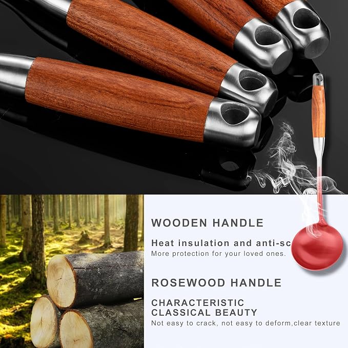 Kitchen Utensils Set Stainless Steel with Wooden Handle,Metal Cooking Utensils Set 12 PCS,Spatulas,Ladle,Skimmer,Tunners,Spaghetti Spoon,Fork,Potato Masher,Egg Whisk,Tongs - Image 5