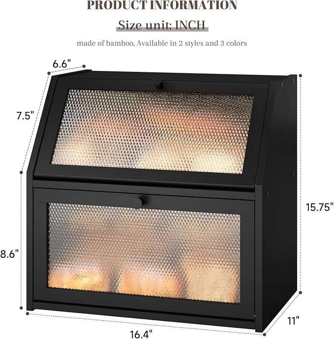 STDDRE Bread Box for Kitchen Countertop Bin Double Layer Bread Box Storage Container Extra Large Capacity with Diamond Pattern Windows (Black, Extra Large) - Image 7