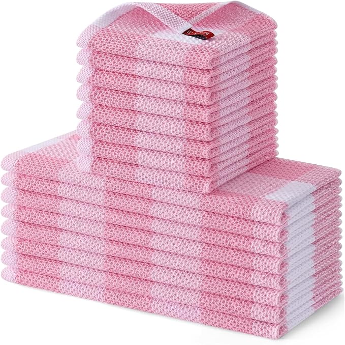 Homaxy Kitchen Towels and Dishcloths Set, Set of 16, White & Pink | Bulk Cotton Waffle Weave Check Plaid Kitchen Towels, Super Soft and Absorbent Dish Cloths, 12 x 12 and 13 x 28 Inches by Homaxy