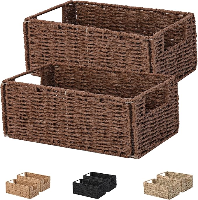 Wicker Baskets for Storage, Set of 5 Hand-Woven Wicker Storage Baskets for Shelves, Cube Storage Baskets Bins with Handles, Wicker Basket for Organizing Pantry Bedroom, Brown - Image 6