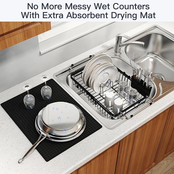 Dish Drying Rack Over The Sink with Utensil Holder, Mat | Expandable Stainless Steel Dish Drainer for Small Kitchen, Apartment, RV, Counter Space Saving, Perfect Fit, Rustproof - Image 6