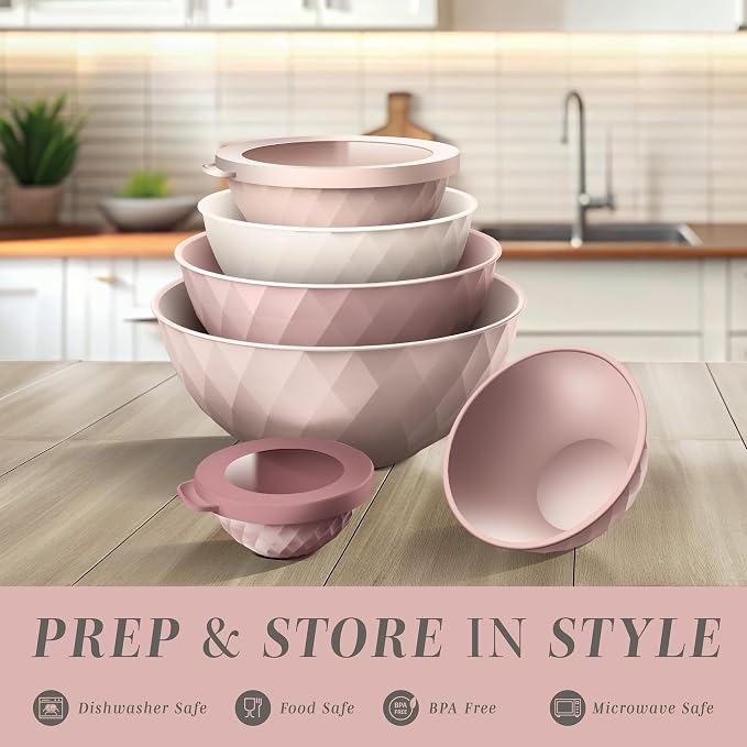COOK WITH COLOR Mixing Bowls with Lids - 12 Piece Plastic Nesting Bowls Set includes 6 Prep Bowls and 6 Lids, Microwave Safe Mixing Bowl Set, Pink Diamond - Image 2