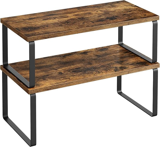 SONGMICS Cabinet Organizer Shelf, Set of 2 Kitchen Counter Shelves, Kitchen Storage, Spice Rack, Stackable, Expandable, Metal and Engineered Wood, Ink Black and Rustic Brown UKCS200X01 by Unknown