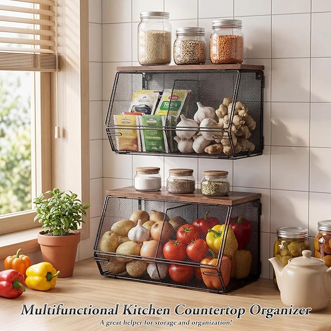 Teenyyou 2 Pcs Stackable Mesh Fruit Basket with Lid Wall Produce Vegetable Storage Basket Onion Potato Hanging Metal Wire Container for Kitchen Counter Pantry (Divided,Black,8.3"w & 13.8"L) - Image 5