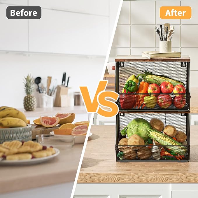 Stackable Fruit Basket for Kitchen Countertop Space Saving, Wall Mounted Mesh Metal Wire Baskets with Wood Lid Extra Storage, 2 Pack Kitchen Counter Organizer for Snack, Onion and Potato Storage - Image 2