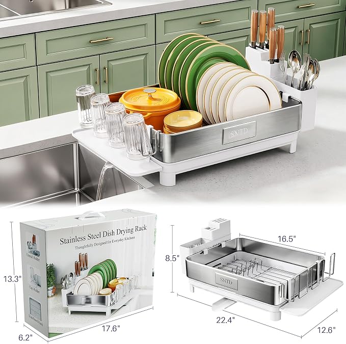 SNTD 304 Stainless Steel Dish Drying Rack for Small Kitchen Counter, White | Rustproof, Large Capacity, Heavy-Duty Frame, Rotating Spout, Angled Drainboard, Removable Cup & Utensil Holder - Image 3