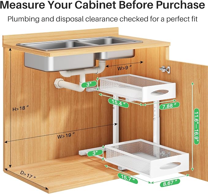 Under Sink Organizer, 2 Pack 2 Tier Pull out Cabinet Organizer Baskets with Mesh Sliding Drawers, Slide out Sink Storage Shelves for Kitchen, Bathroom, Pantry, Cabinet Organizers and Storage(White) - Image 2