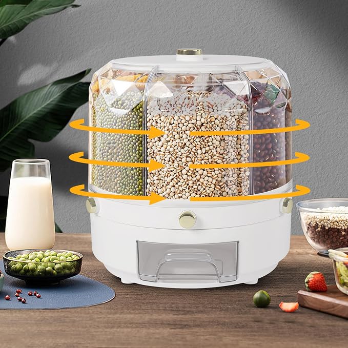 360° Rotating Grain Dispenser With 6 Grids, 13.2lbs Large Capacity Grain Dispenser Rotating Kitchen Storage Containers With Sealed Lid For Peanut Barley Millet And Cereal (White,Gold, 13.2 lbs) - Image 3