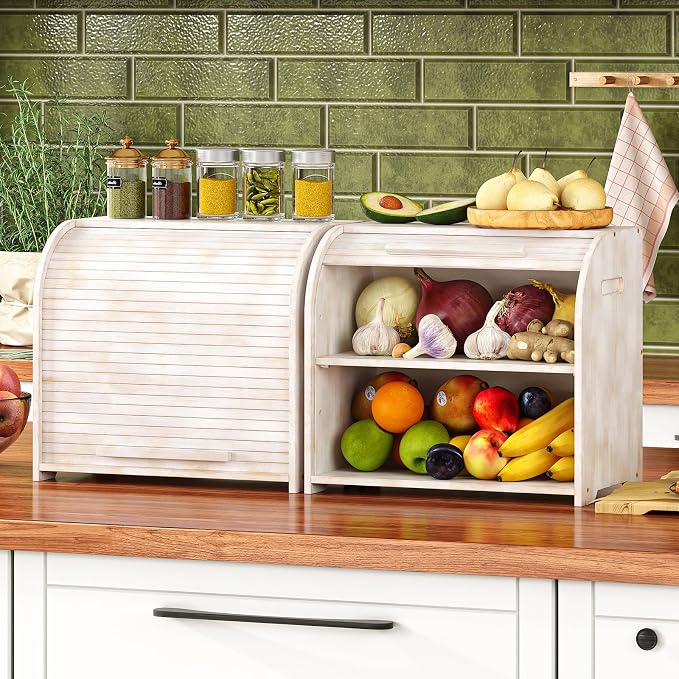 Trironsun Bamboo Roll Top Bread Box for Kitchen Countertop Large Capacity Bread Storage Bin 2 Layer Wooden Bread Storage Organizer Natural Breadbox for Food Storage (Antique White) - Image 6