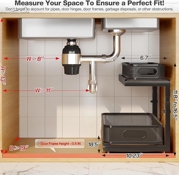 2-Pack 18.5 IN Depth Under Sink Organizer With Next-Gen Ball-Bearing Slides,Sophisticated Mesh 2-Tier Pull Out Shelf for Kitchen & Bathroom,Fits Small Items-Black - Image 2