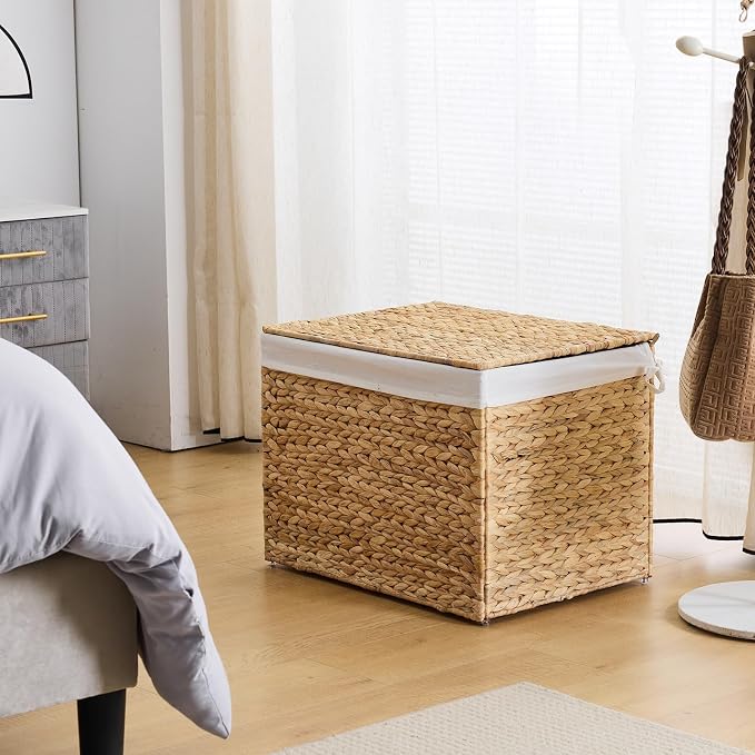 Water Hyacinth Storage Basket with Lid, 31.7 Gallon (120L) Wicker Shelf Basket with Removable Liner, Wicker Storage Basket for Blanket, for Livingroom, Bedroom, Natural - Image 3