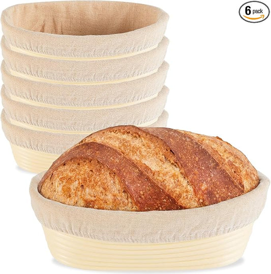 6 Pack Banneton Bread Proofing Basket 10 Inch Oval Rattan Banneton Baskets with Linen Liner Cloth Sourdough Basket Dough Proofing Basket for Professional & Home Sourdough Bread Baking by Bornerwhite