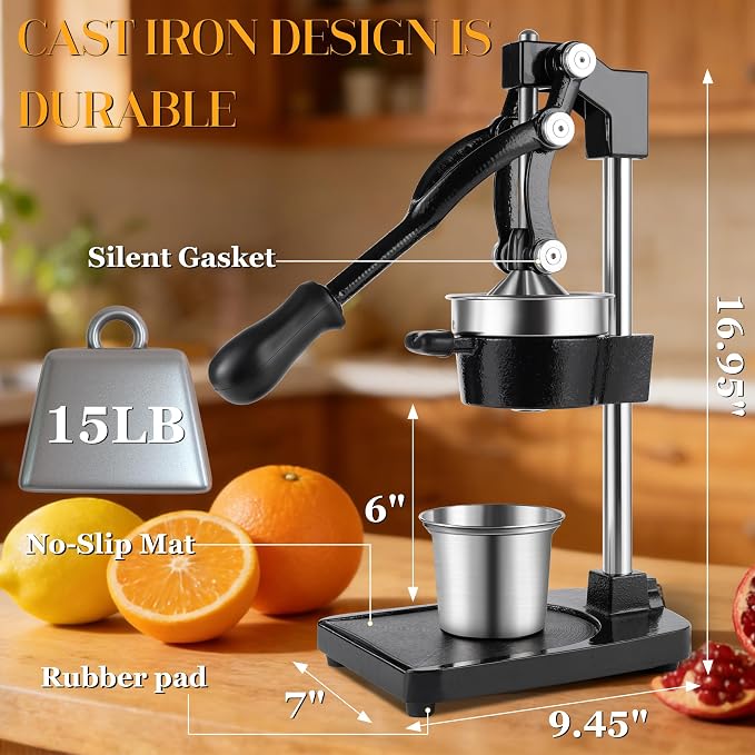 Cast Iron Manual Juicer Hand Press, Lemon Squeezer, Commercial-Grade Citrus Press Suitable for Oranges, Lemons, Limes, and Pomegranates Easy to Clean Includes Stainless Steel Cup, Black - Image 4