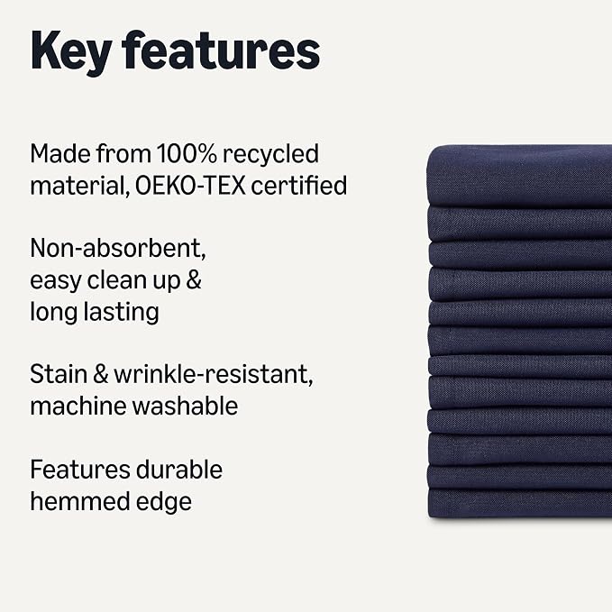 Amazon Basics Reusable Stain and Wrinkle Resistant Cloth Napkins, 100% Recycled Polyester, Machine Washable, 17 x 17 inches, Blue, 12-Pack - Image 2