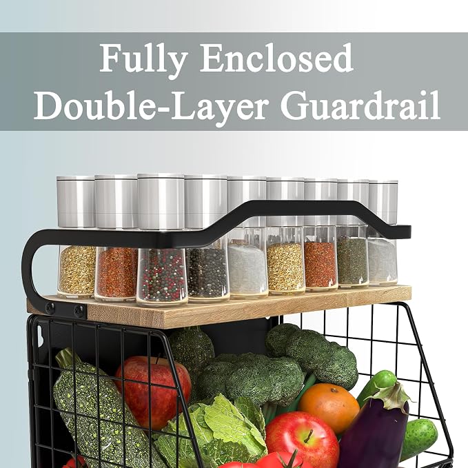 Magnetic Shelf for Fridge with Wood Lid, Heavy Duty Fruit Basket, Fruit Potato and Onion Storage Bins, Magnetic Spice Rack for Refrigerator, Black Hanging Wire Basket for Kitchen Counter - Image 3