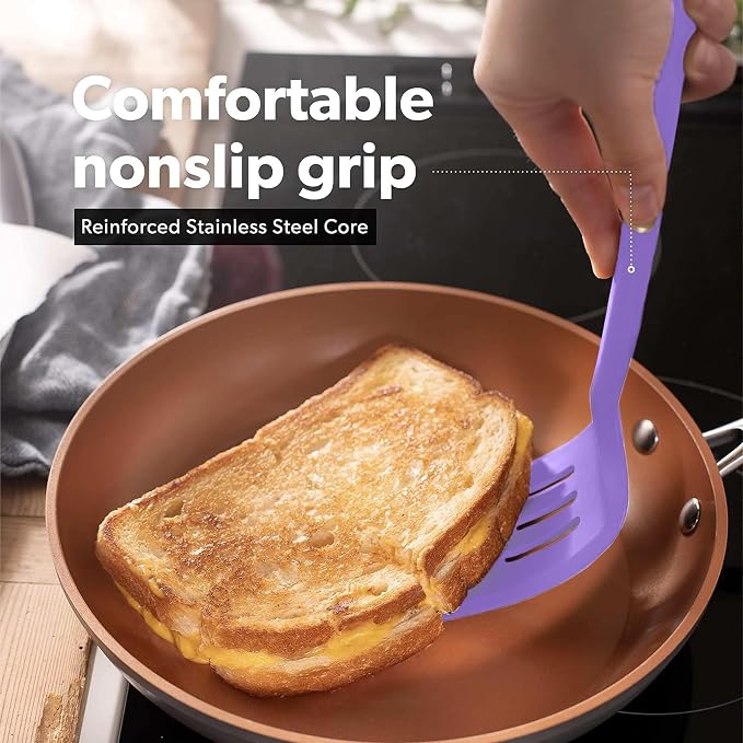 New DI ORO Silicone Turner Spatula Set - Kitchen Spatulas for Nonstick Cookware - Cooking Utensils for Flipping Eggs & Pancake - 600°F Heat-Resistant BPA Free Turners - Dishwasher Safe (4pc, Lavender) - Image 4
