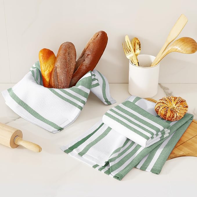 Homaxy Premium Cotton Stripe Kitchen Towels 6 Pack, 18"x 28", Grass Green | Large 380 GSM Kitchen Hand Towels, Soft Terry Dish Towels, Highly Absorbent Tea Towel Set with Hanging Loop - Image 6