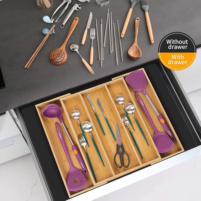 Utoplike Bamboo Expandable Kitchen Drawer Organizer and Bamboo Cutlery Tray - Image 4