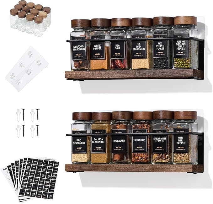 2-Tier Wall Mount Spice Rack Organizer with 12 Glass Jars, 216 Labels & Funnel - Screw/Adhesive Mount, Black Metal & Wood Spice Storage for Kitchen Pantry Cabinet, 11.6”L x 2.4”W x 3.2”H by KitHero