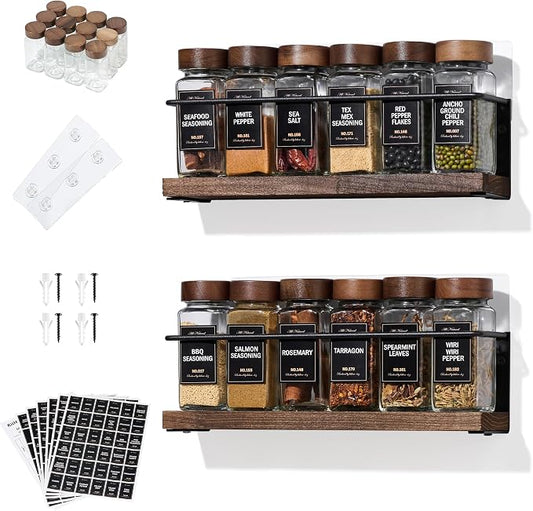 2-Tier Wall Mount Spice Rack Organizer with 12 Glass Jars, 216 Labels & Funnel - Screw/Adhesive Mount, Black Metal & Wood Spice Storage for Kitchen Pantry Cabinet, 11.6”L x 2.4”W x 3.2”H by KitHero