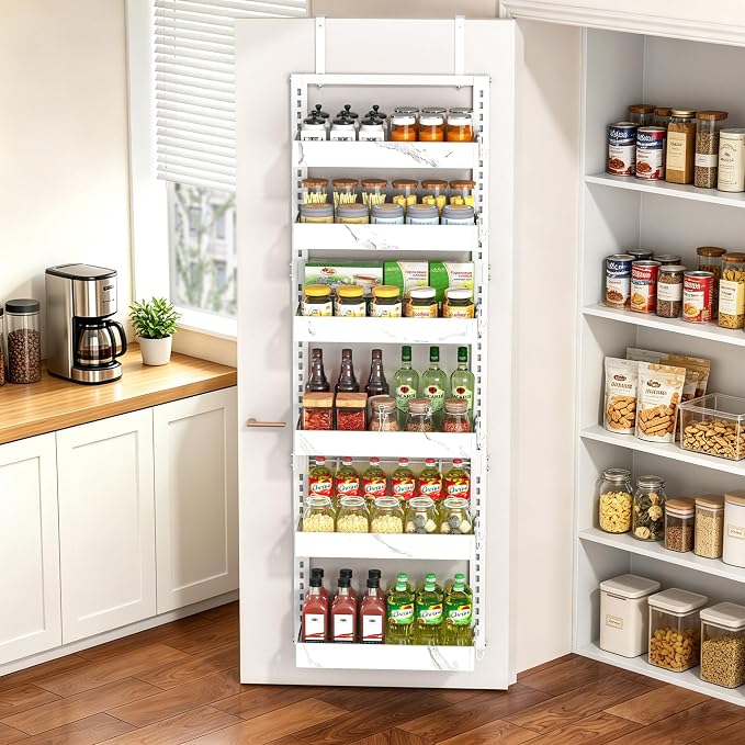 BUKFEN Over the Door Pantry Organizer, 6-Tier Adjustable Basket Spice Rack | 2-IN-1 Door & Wall Mounted, Heavy Duty Metal Storage Shelf, 12 Hooks, Behind Door Organizer for Kitchen, Bathroom, Closet - Image 7