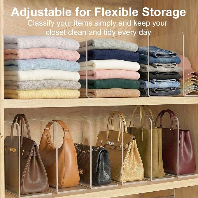 SortNStore Shelf Dividers Closet Organization: 12" Tall x 12" Deep (Taller) | Adhesive Separators Features Acrylic Material and LargeHandbags, Totes, Clothes, Towels in Bedroom Cabinets 8-Pack - Image 5