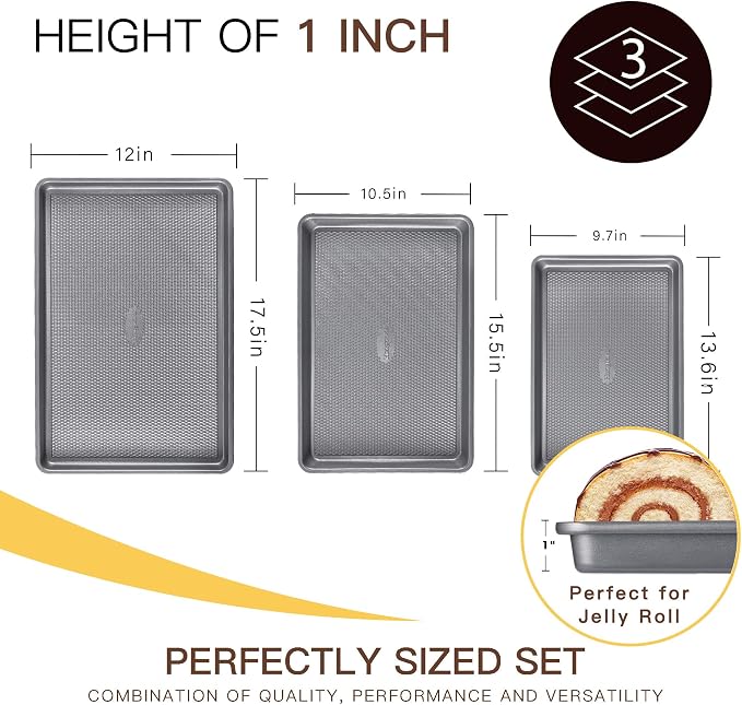 3 Pack Nonstick Ceramic Baking Sheet Pan Set for Oven, Non-Toxic Half/Quarter/Jelly Roll Pans with Diamond Texture, 0.8mm Aluminized Steel Cookie Trays for Cooking, Charcoal Gray - Image 5