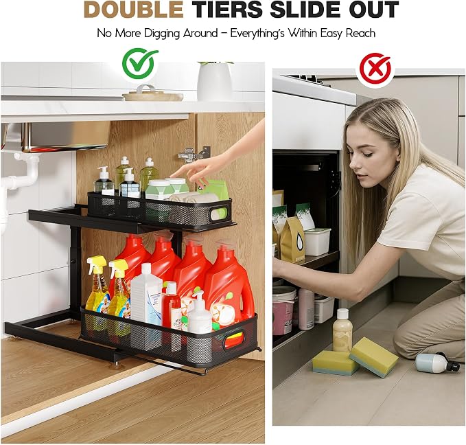 2-Pack Under Sink Storage Organizer with 2-Tier Slide Out Drawer, Sophisticated Mesh Pull Out Shelf for Kitchen & Bathroom, Fits Small Items, Upgraded Arched Track for Smooth Gliding(Patented) - Image 4
