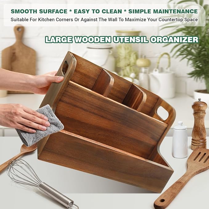 Kitchen Utensil Holder for Countertop with 4 Compartments Acacia Large Utensil Holder Wooden Storage for Cooking,Baking,Flatware Tool Kitchen Utensil Organizer - Image 5
