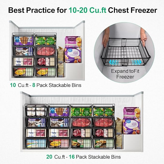 Deep Freezer Organizer Bins - Stackable Freezer Organizer Bins | 4 Pack For 10 to 20 Cu. Ft Chest Freezers, Wire Baskets for Frozen Food, Easy Food Access and Restocking, Black - Image 2