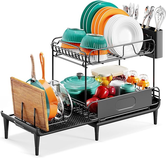 Urackify Dish Drying Rack for Kitchen Counter, Expandable 2 Tier Dish Rack, Large Capacity Dish Drainer with Drainboard Multifunctional Dish Strainer with Removable Cutlery Holder Black | 2 Tier. Expands from 16.9 to 26.6 inches to fit more dishes, wit... by Urackify
