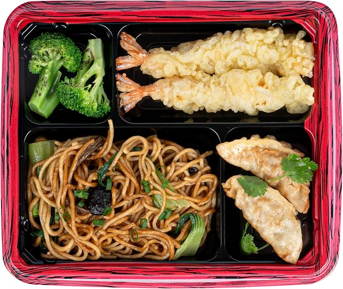Restaurantware Bento Tek 15.2 Ounce Meal Prep Containers, 100 Disposable To Go Food Boxes - Lids Sold Separately, 4 Compartments, Red And Black Plastic Bento Lunch Boxes, Freezable, For Take Out - Image 9