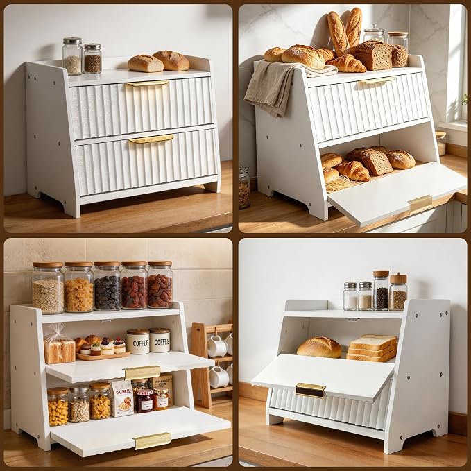 Large Bread Box, White, Double Layer Wooden | Top Shelf, Countertop Organizer Cabinet, For Bread & Coffee Station, Kitchen Essentials Storage - Image 6