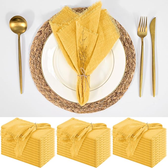 36 Pack Yellow Napkins, 12 x 12 Inch Cotton with Fringe Settings | Handmade washable reusable cotton dinner napkins in bulk for weddings, parties, rustic boho table settings by FXKS