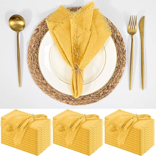 36 Pack Yellow Napkins, 12 x 12 Inch Cotton with Fringe Settings | Handmade washable reusable cotton dinner napkins in bulk for weddings, parties, rustic boho table settings by FXKS