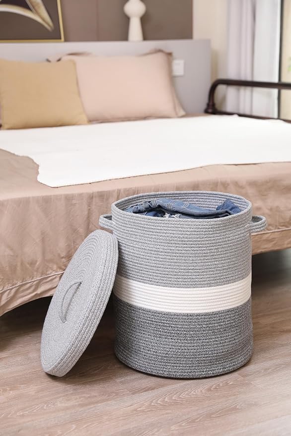 16" x 16" x 18" Extra Large Storage Basket with Lid, Cotton Rope Storage Baskets, Laundry Hamper, Cloth Bin, for Clothes Towels Blankets Pillows Storage in Living Room, Dual Grey with Lid - Image 3