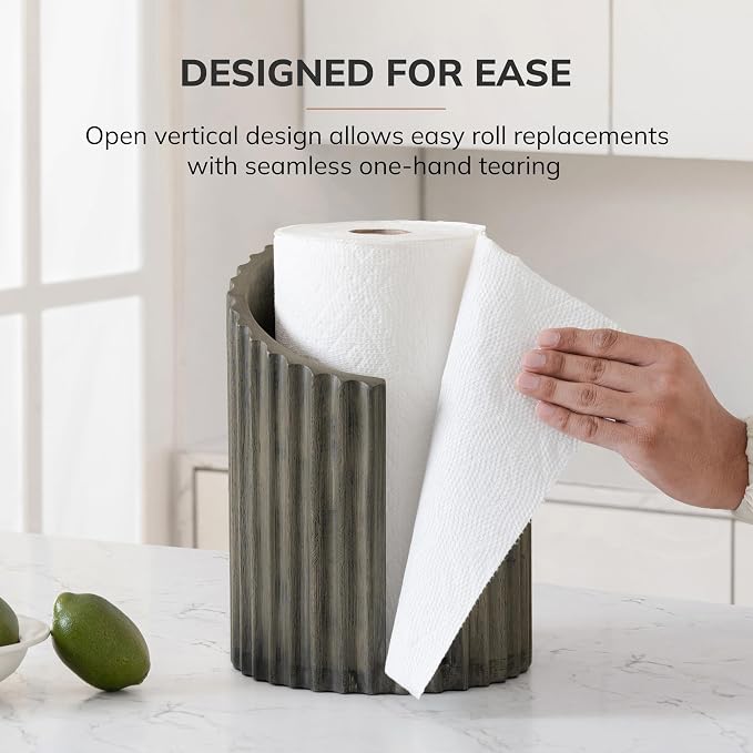 Anji Mountain Wooden Paper Towel Holder with Metal Holder, Holder Stand for Kitchen Roll Organizer & Kitchen Dining Table Home Décor, Countertop Fits Jumbo & Mega Rolls - Greige/Nickel, Fluted - Image 5