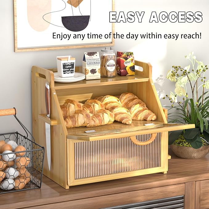 Bread Box for Kitchen Countertop, Large Bread Storage Container for Homemade Bread, Wooden Farmhouse Breadbox Organizers, Double Layer Bread Bin with Acrylic Window Bread Holder, Brown - Image 5